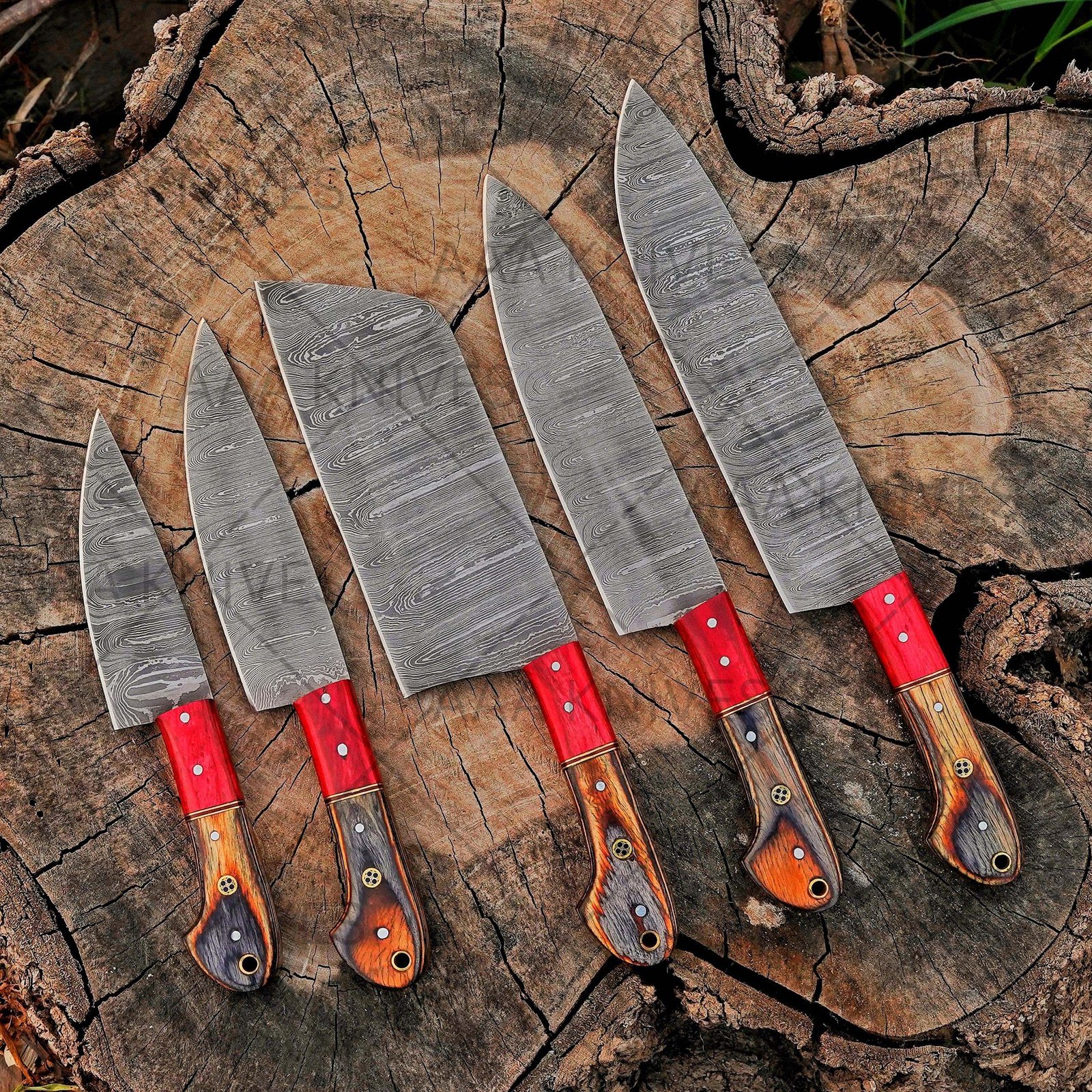 5 piece handmade Damascus kitchen knives