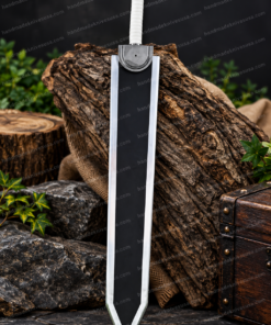 Full-length view of the Berserk Guts Dragon Slayer sword replica with black and silver dual-tone blade