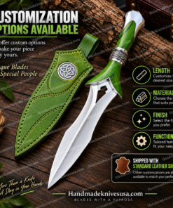 Alternative view of Hand Forged Elven Fantasy Dagger, Green Ashwood & Knotwork Collar | Woodland Elven Blade, Pierced Guard, Collector Display, Gift for Him