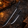 Handmade fantasy sword and knife set with black blades and leather-wrapped handles