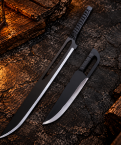 Handmade fantasy sword and knife set with black blades and leather-wrapped handles