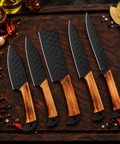 Handmade 5 piece forged chef knife set with black D2 steel blades and ash wood handles