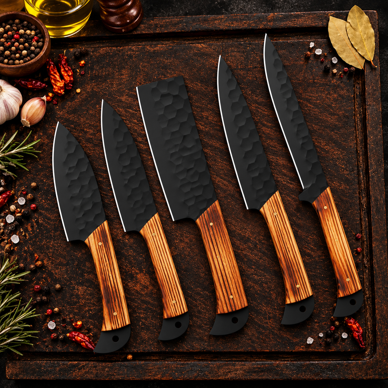 Handmade 5 piece forged chef knife set with black D2 steel blades and ash wood handles