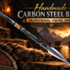 Handmade D2 steel Viking spear with black Micarta handle, full length view