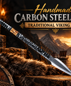 Handmade D2 steel Viking spear with black Micarta handle, full length view
