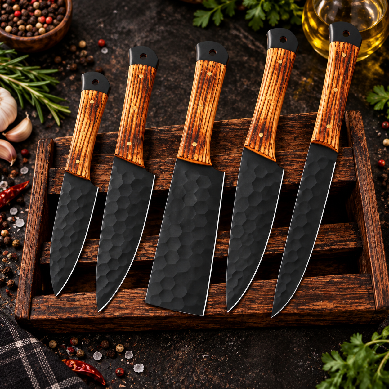Professional High Carbon Steel Chef Knife Set – 5 Piece Handmade Forged Kitchen Set - Image 2
