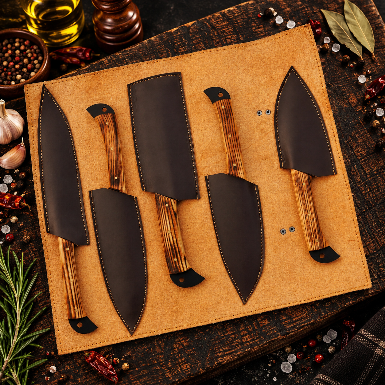 Professional High Carbon Steel Chef Knife Set – 5 Piece Handmade Forged Kitchen Set - Image 3